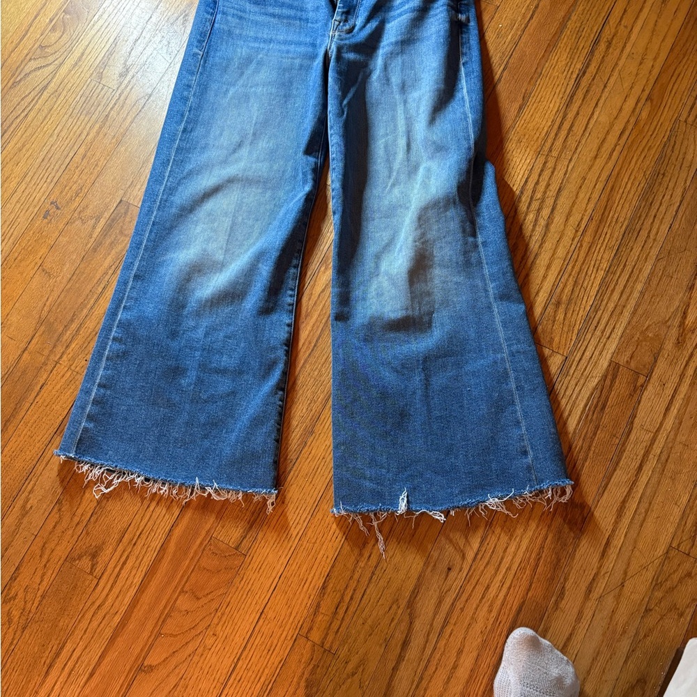 MOTHER Flare Jeans in Classic Blue with Frayed Hem